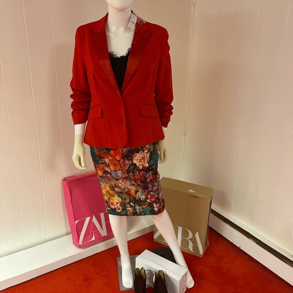 New York & Company Jackets & Blazers - New York & Company Red Satin Lapel Tuxedo Blazer Jacket Size 10